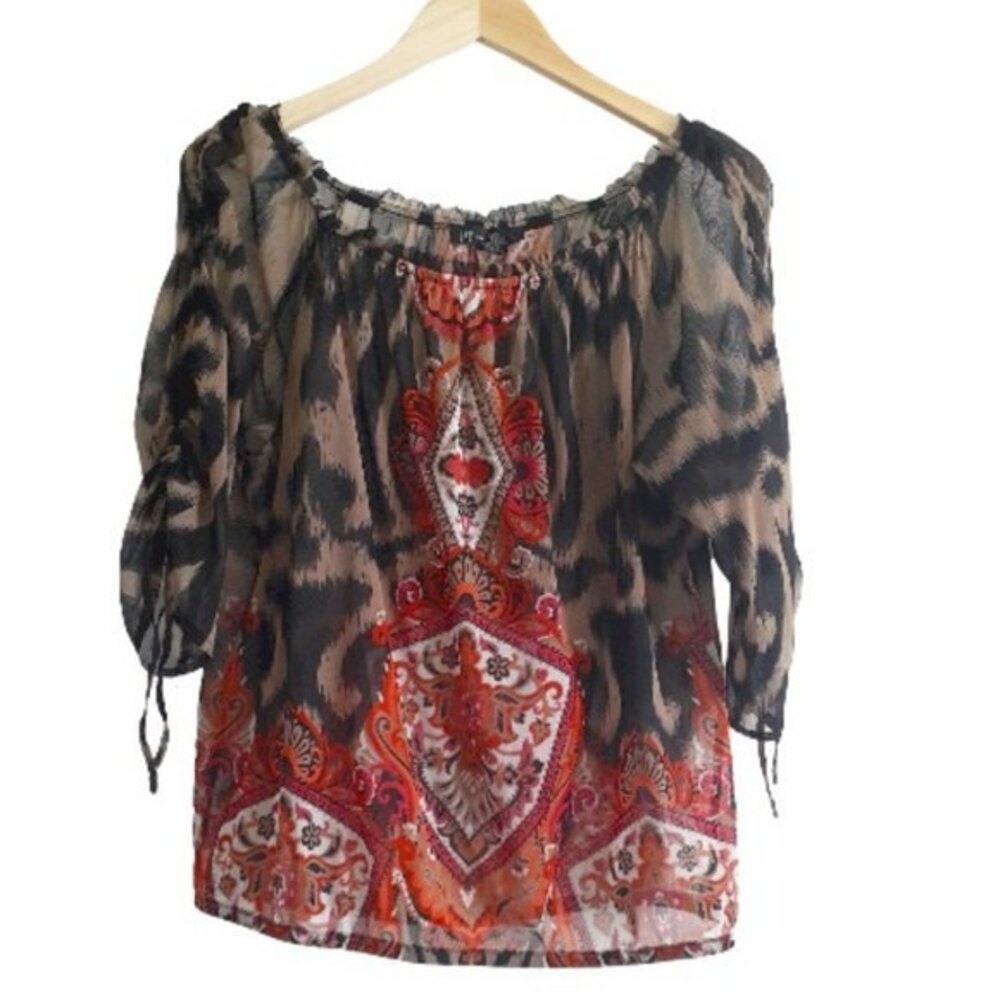 INC Peasant Quarter Sleeves Drawstring Women's Sheer Off Shoulder Blouse Large